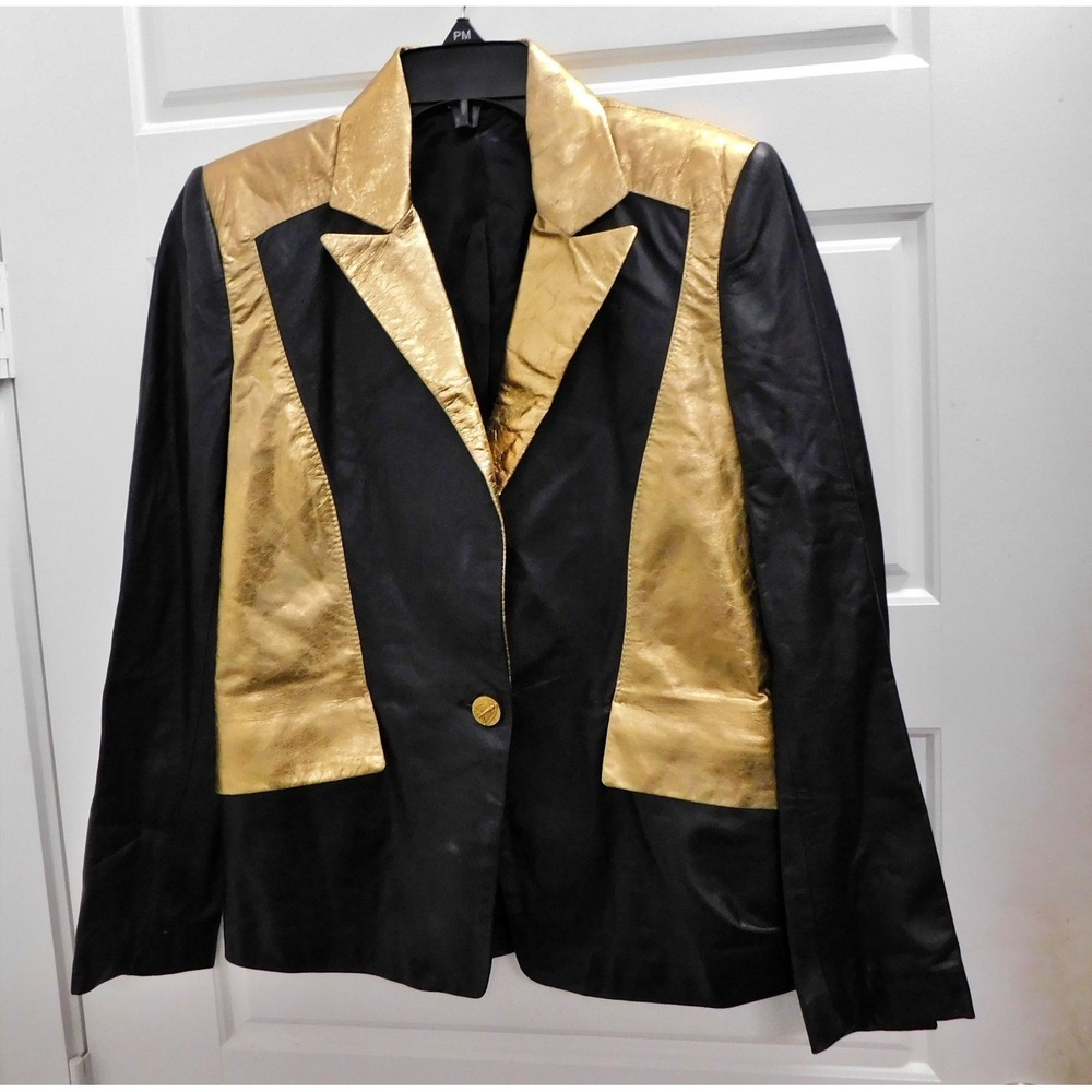 Faith Connexion Gold Black Colorblock Lambskin Leather‎ Blazer Jacket Size 40